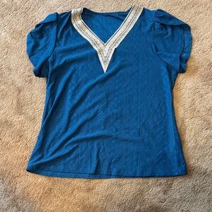 Blue V-Neck Lace Trim Women's Top